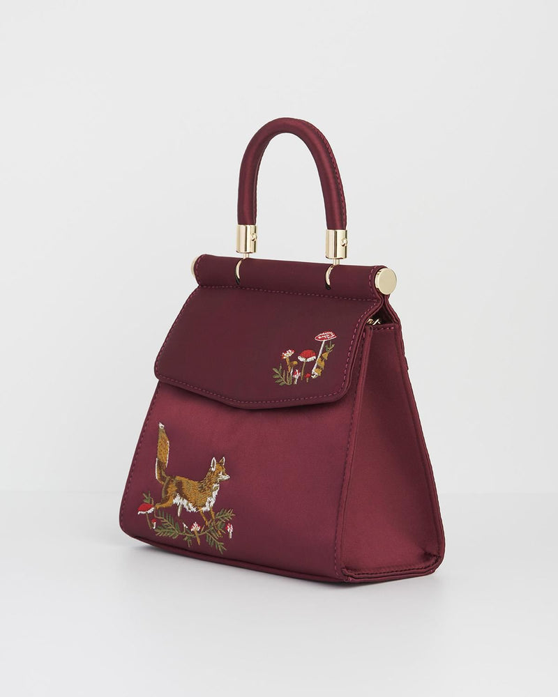 Fox & Mushroom Embroidered Burgundy Satin Tote