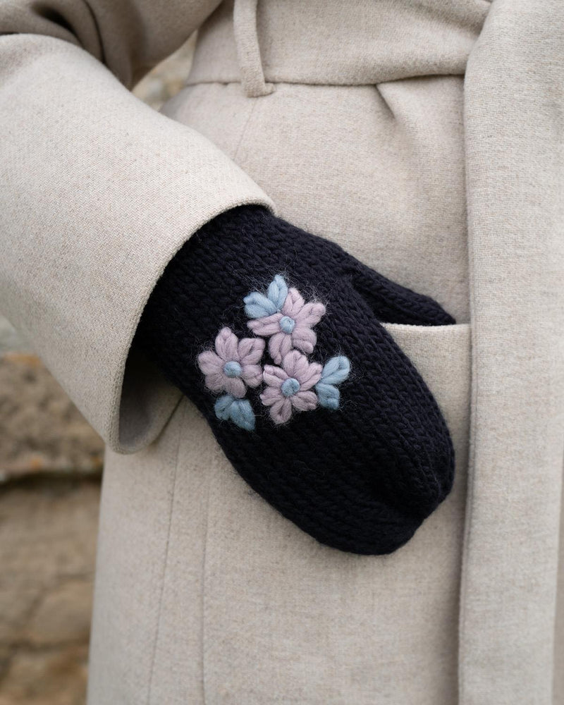 Forget-Me-Not Knitted Navy Mittens