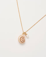 Sea Snail Shell and Pearl Worn Gold Short Necklace