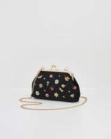 Floral Ditsy Embroidered Black Velvet Clutch Bag