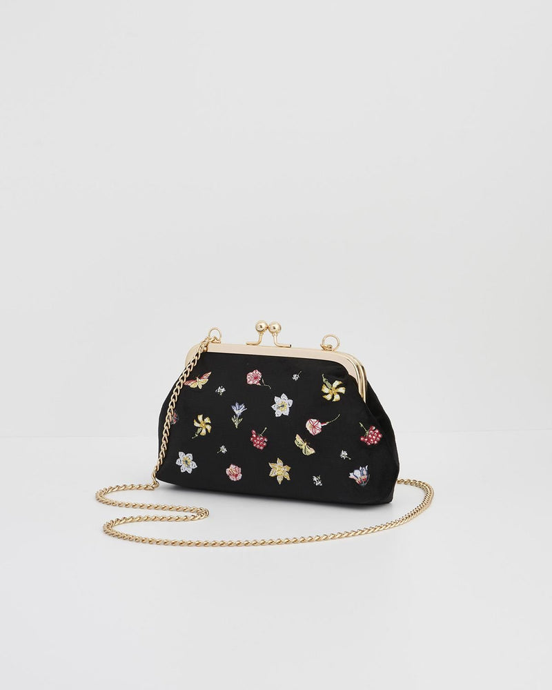 Floral Ditsy Embroidered Black Velvet Clutch Bag