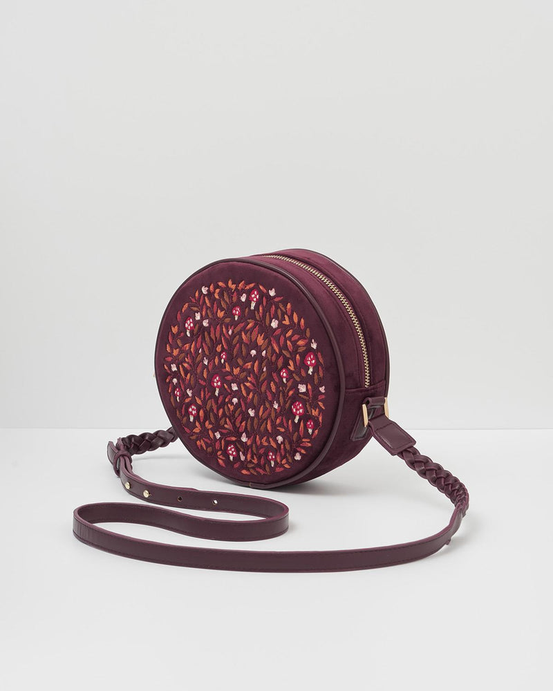 Magical Mushroom Embroidered Burgundy Velvet Circle Bag