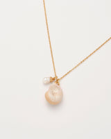 Sea Snail Shell and Pearl Worn Gold Short Necklace